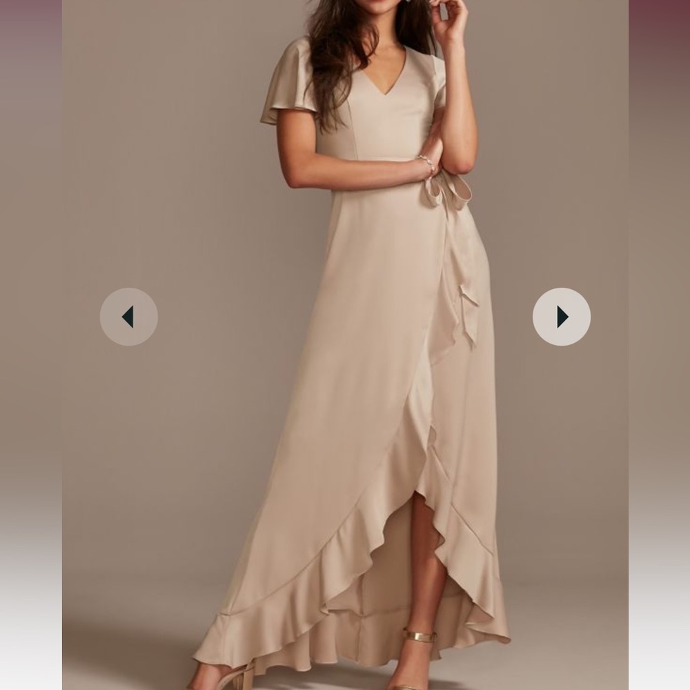 David’s Bridal flutter sleeve crepe satin ruffle bridesmaid dress